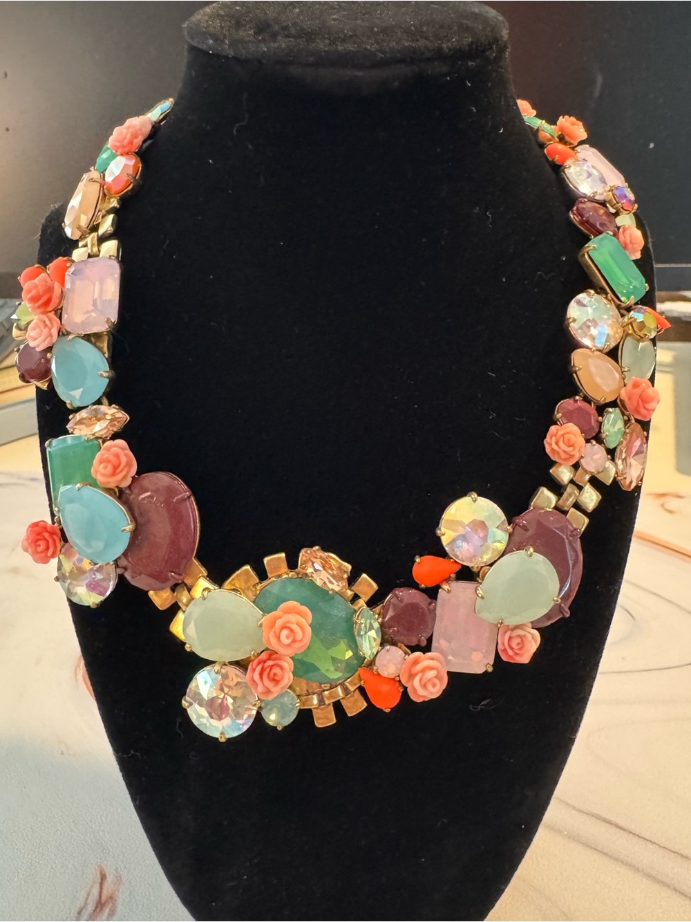 J. Crew Multicolor Gem and Coral Rose Statement Necklace